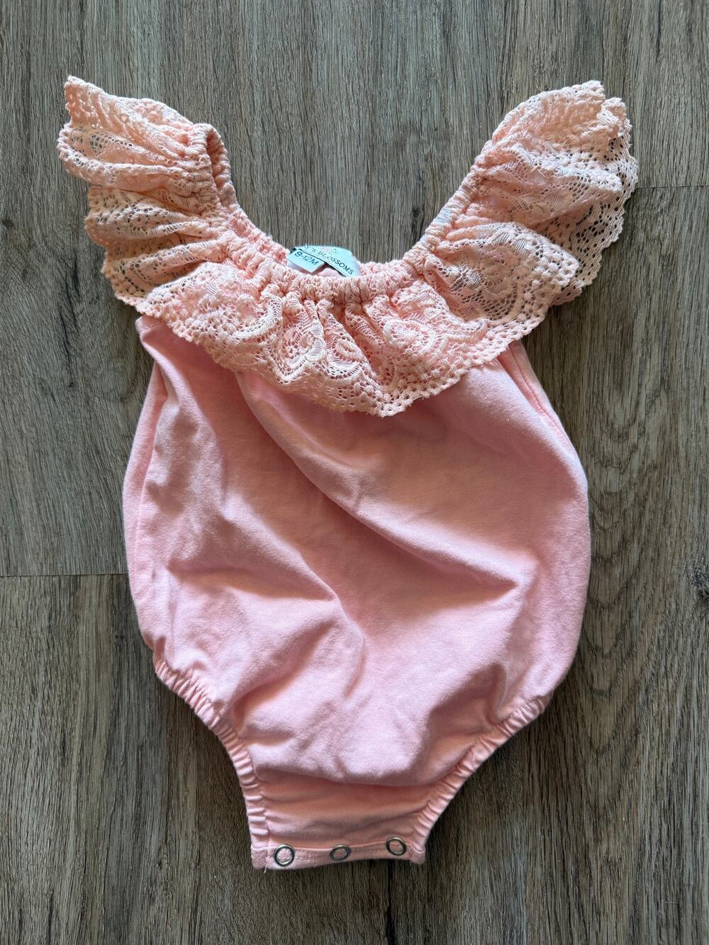 Bailey’s Blossoms Baby Pink One Piece Ruffled Lace Neckline Size 9-12 Months